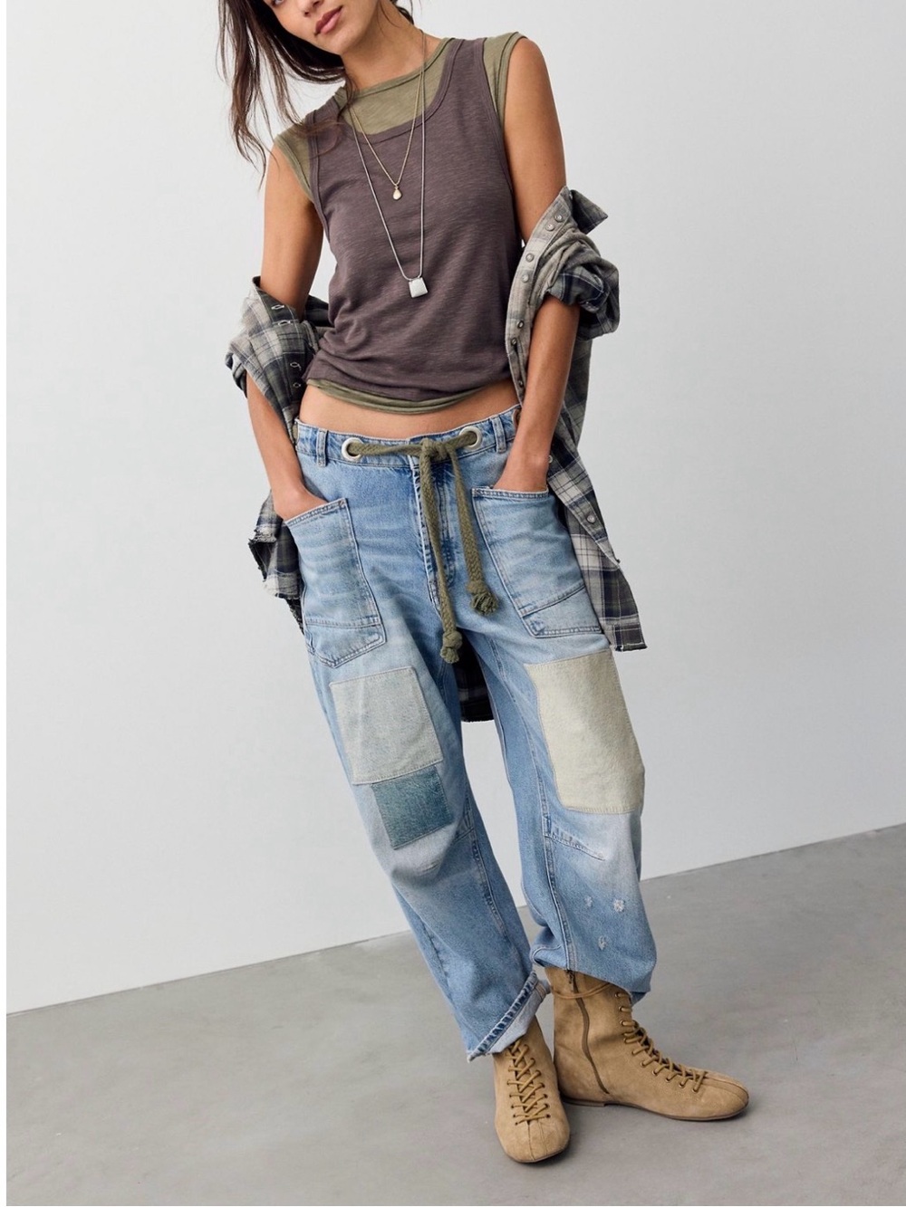 Free People Light Blue Patchwork barrel jeans with jawstring detail
